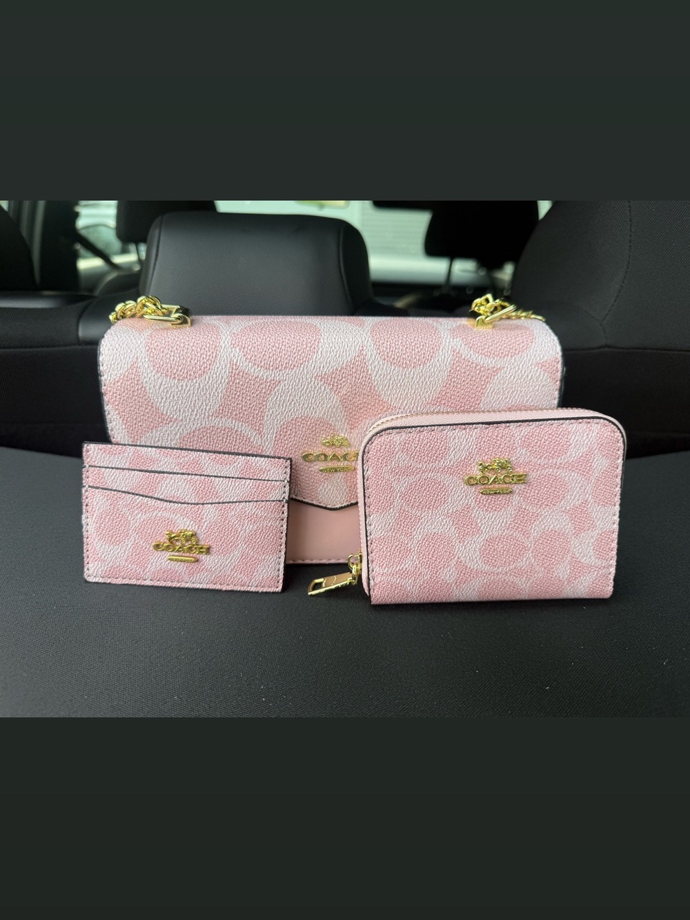 Coach Pink Signature Chain Shoulder Bag with Matching Card Case & Zip Wallet